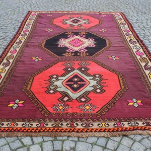 Kleurrijk paars tapijt, 7,2 x13 voet, 220x400 cm, decoratief kelim tapijt, nomadisch tapijt, handgemaakt kelim tapijt, vintage tapijt, home living, boho tapijt afbeelding 1