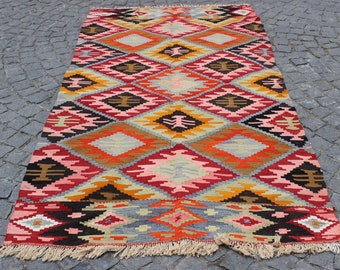 Alfombra turca, 3.9 "x7.5 "Pies, 120x230 cm, alfombra decorativa rosa Kilim, alfombra Kilim hecha a mano, alfombra Boho, alfombra vintage