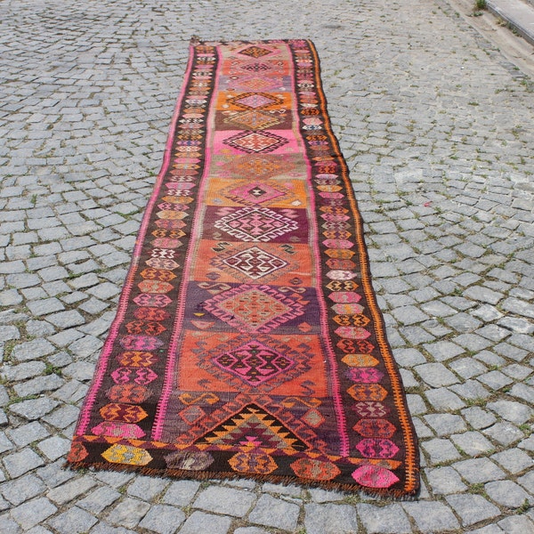 Pink Runner Rug,2.5"x13.8" feet,75x420 cm,Purple And Pink Runner,Turkish Kilim Runner,Vintage Home Decor,Pink Kilim Runner,Runner Rug