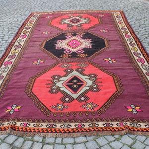 Farbenfroher Lila Teppich, 220x400 cm, Dekorativer Kelimteppich, Handgemachter Kelimteppich, Vintage Teppich, Boho Teppich Bild 3