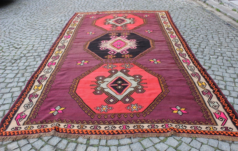 Tappeto viola colorato, 7,2 x13 piedi, 220x400 cm, tappeto decorativo Kilim, tappeto nomade, tappeto Kilim fatto a mano, tappeto vintage, vita domestica, tappeto Boho immagine 3