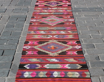 Kurdish Kilim Runner: Vintage Turkish Wool Rug, Pink Home Decor (2.6"x12.3" Feet)