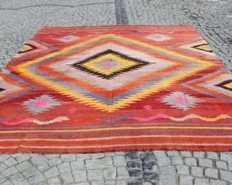 Übergröße Bunter Teppich, 264x350 cm, 264x350 cm, Dekorativer Kelimteppich, türkischer Kelimteppich, handgemachter Kelimteppich, Vintage Home Decor, Bereich Großer Kelim