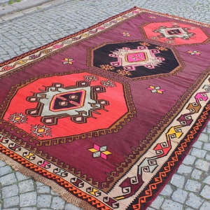 Kleurrijk paars tapijt, 7,2 x13 voet, 220x400 cm, decoratief kelim tapijt, nomadisch tapijt, handgemaakt kelim tapijt, vintage tapijt, home living, boho tapijt afbeelding 2