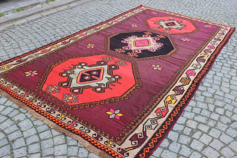 Kleurrijk paars tapijt, 7,2 x13 voet, 220x400 cm, decoratief kelim tapijt, nomadisch tapijt, handgemaakt kelim tapijt, vintage tapijt, home living, boho tapijt afbeelding 2