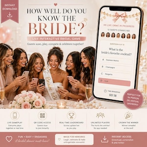 May include: A digital bridal shower game titled How Well Do You Know The Bride? featuring a smartphone display showing a live interactive quiz with multiple-choice questions, a leaderboard, and icons for QR code access and real-time gameplay.