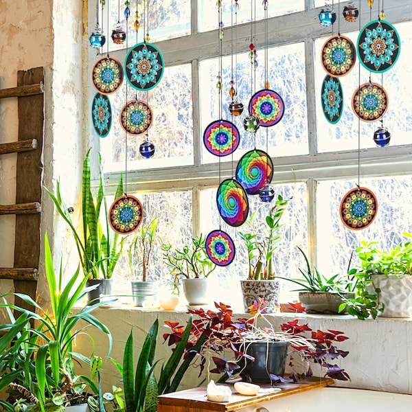 Bohemian Glass Bead Holiday Wind Chime Window Suncatcher Memorial Mandala Boho Decor