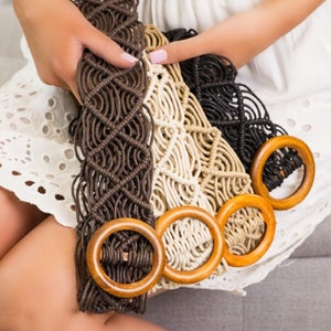 Boho Macrame Vegan Faux Leather Weave Wood Buckle Belt