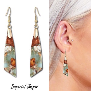 Natural Imperial Jasper Stone Drop Boho Style Gold Silver Artisan Earrings