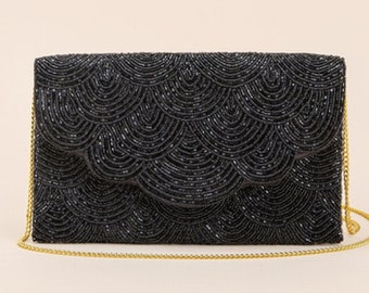 Black Scallop Flap Seed Beaded Bag Clutch Crossbody Handbag