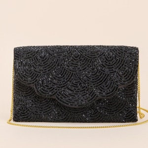 Black Scallop Flap Seed Beaded Bag Clutch Crossbody Handbag