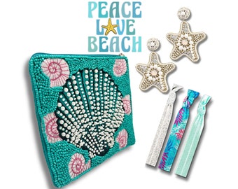 Coffret cadeau boucles d'oreilles porte-monnaie en perles PEACE LOVE BEACH | Cadeaux à thème coquillages étoile de mer Ocean Sea Resort | Amis professeurs Cadeaux pour hôtesse