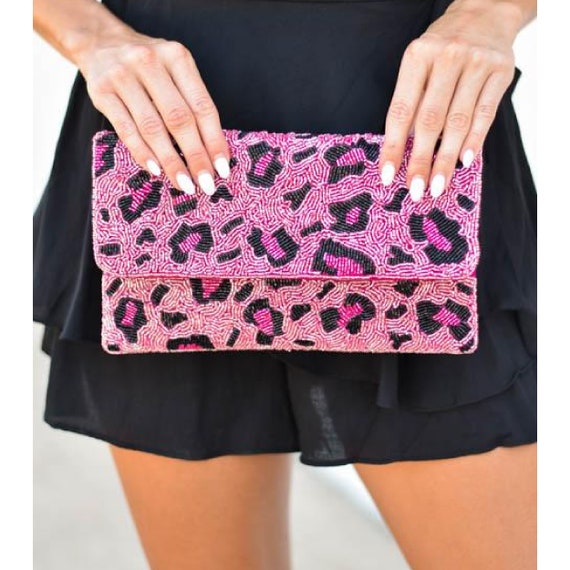 Pink leopard print clutch bag Clearance