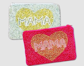 MAMA Heart Love Beaded Coin Wallet Money Card Makeup Pouch Purse