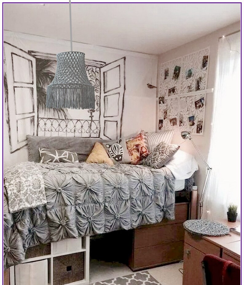 Gray Jersey Knit Macrame Pendant Lantern Shade