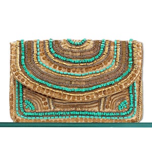 2-Sided Bead and Stone Turquoise Western Style Cowgirl Crossbody Chain Clutch Boho Handbag