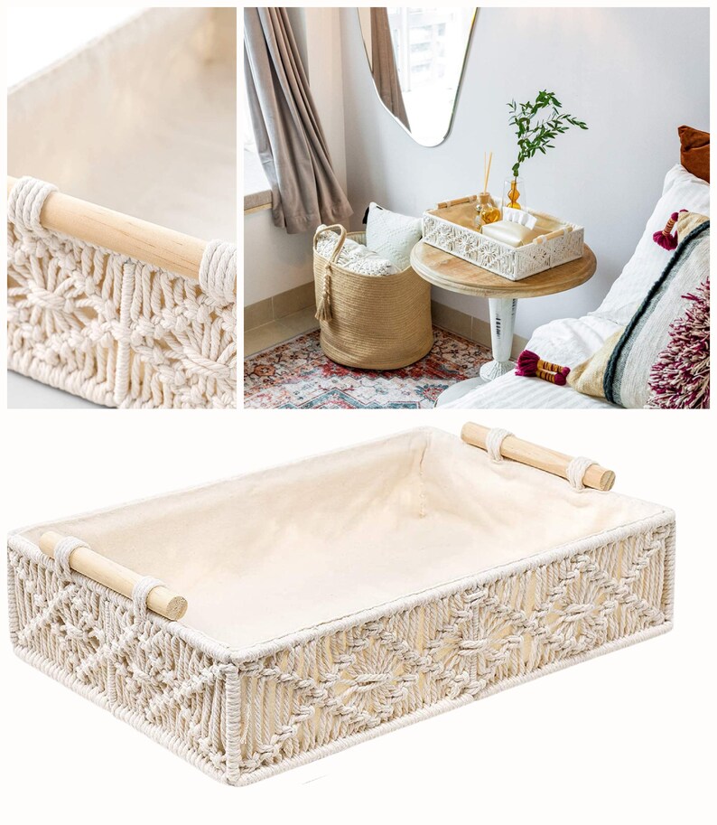 Wood Handle Macrame Boho Bathroom Storage Baskets Etsy