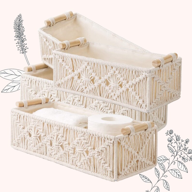 Wood Handle Macrame Boho Bathroom Storage Baskets Etsy