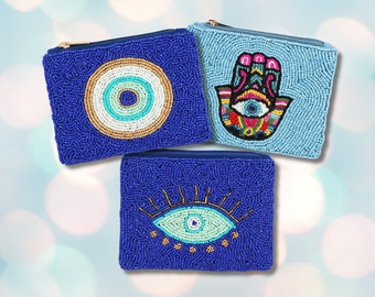 Evil Eye Hamsa Schutz Symbol Perlen Münze Beutel Geld Make Up Tasche