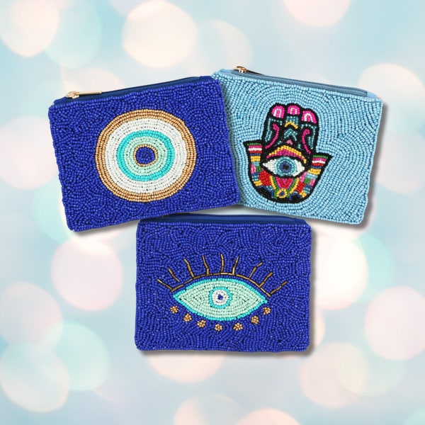 Evil Eye Hamsa Protection Symbol Beaded Coin Pouch Money Makeup Bag