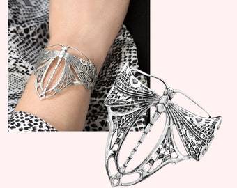 925 Sterling Silver Dragonfly Filigree Boho Style Unique Cuff Statement Bracelet