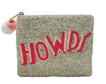 Howdy Cowgirl Silver Western Word Beaded Money Gift Bag Makeup Coin Purse Clutch