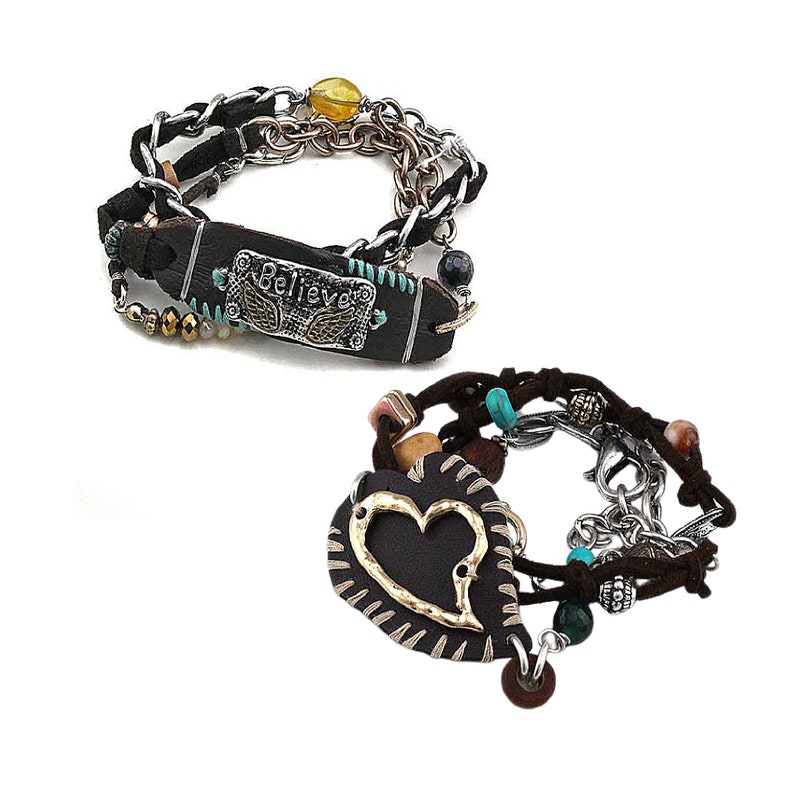 Necklace Boho Style Chain Leather Beaded Wrap Bracelet