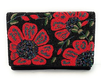 Poppy Fields Beaded Crossbody Chain Clutch Boho Bag Handbag