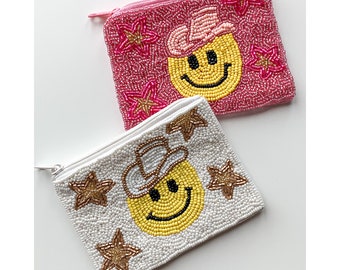 Smiley Face Emoji Pink Cowgirl Seed Beaded Coin Pouch Purse Earrings Strap Collection