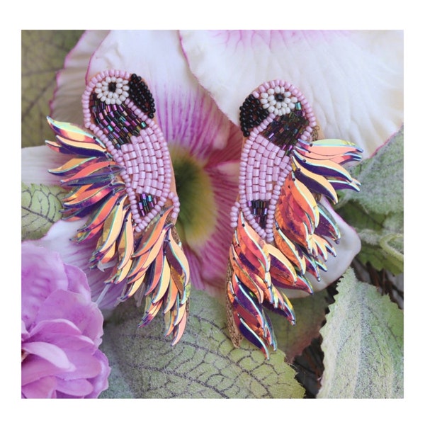 Luxury Resort Earrings Macaw Parrot Seed Bead Tropical Bird Statement Drop Earrings