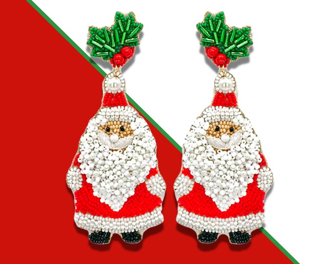 Red Beaded and Pearl Santa Hat Earrings, Christmas Earrings, Secret