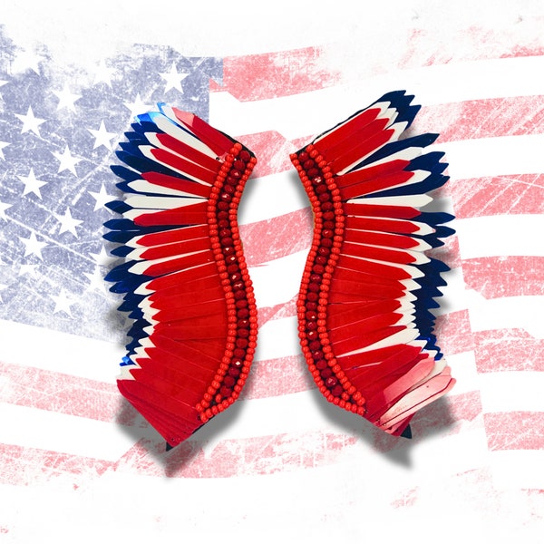 American Angel Wing Red White Blue USA Flag Sequin Beaded Sparkle Patriotic Earrings