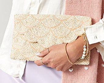 Cream White Scallop Flap Seed Beaded Bag Clutch Crossbody Handbag