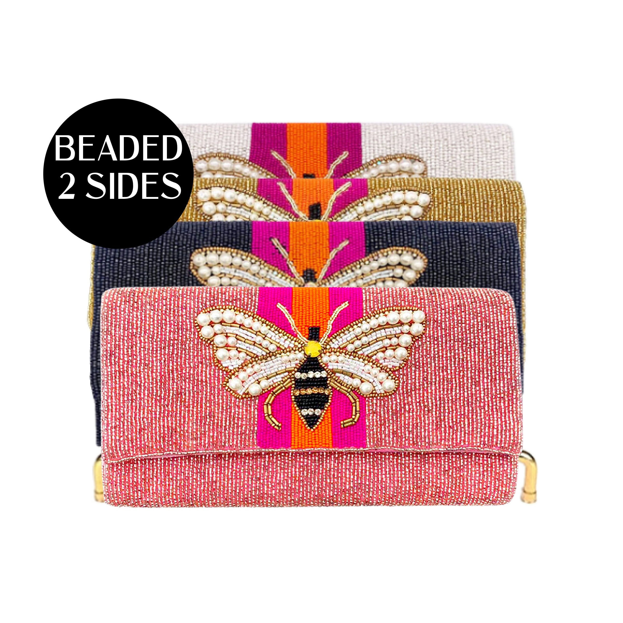 Pearl Winged Bee Seed Beaded Crossbody Chain Clutch Bag Handbag