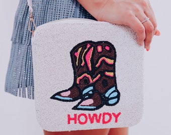 Deluxe Reversible HOWDY Cowboy Cowgirl Hat Boots Beaded Crossbody Box Bag Handbag