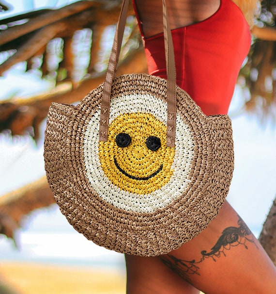 Boho Style Smiley Face Emoji Round Straw Handbag Summer Tote 