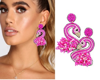 Bright Pink Flamingo Seed Bead Sequin Statement Earrings