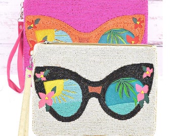 Sunglasses Tropical Vacation Seed Beaded Clutch Bag With Wristlet Strap