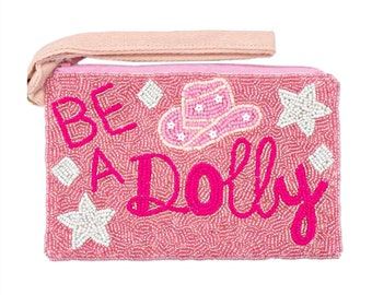 BE A DOLLY Parton Pink Cowboy Hat Stars Beaded Wristlet Style Clutch Bag