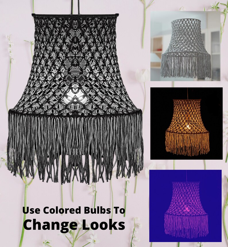 Gray Jersey Knit Macrame Pendant Lantern Shade