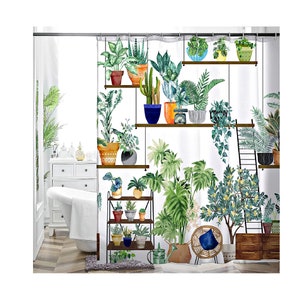 Boho Botanical Plants Shelf Fabric Bohemian Theme Green Cactus Shower Curtain