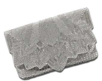 Silver Grey Metallic Scalloped Pattern Seed Beaded Crossbody Chain Clutch Party Gift Handbag