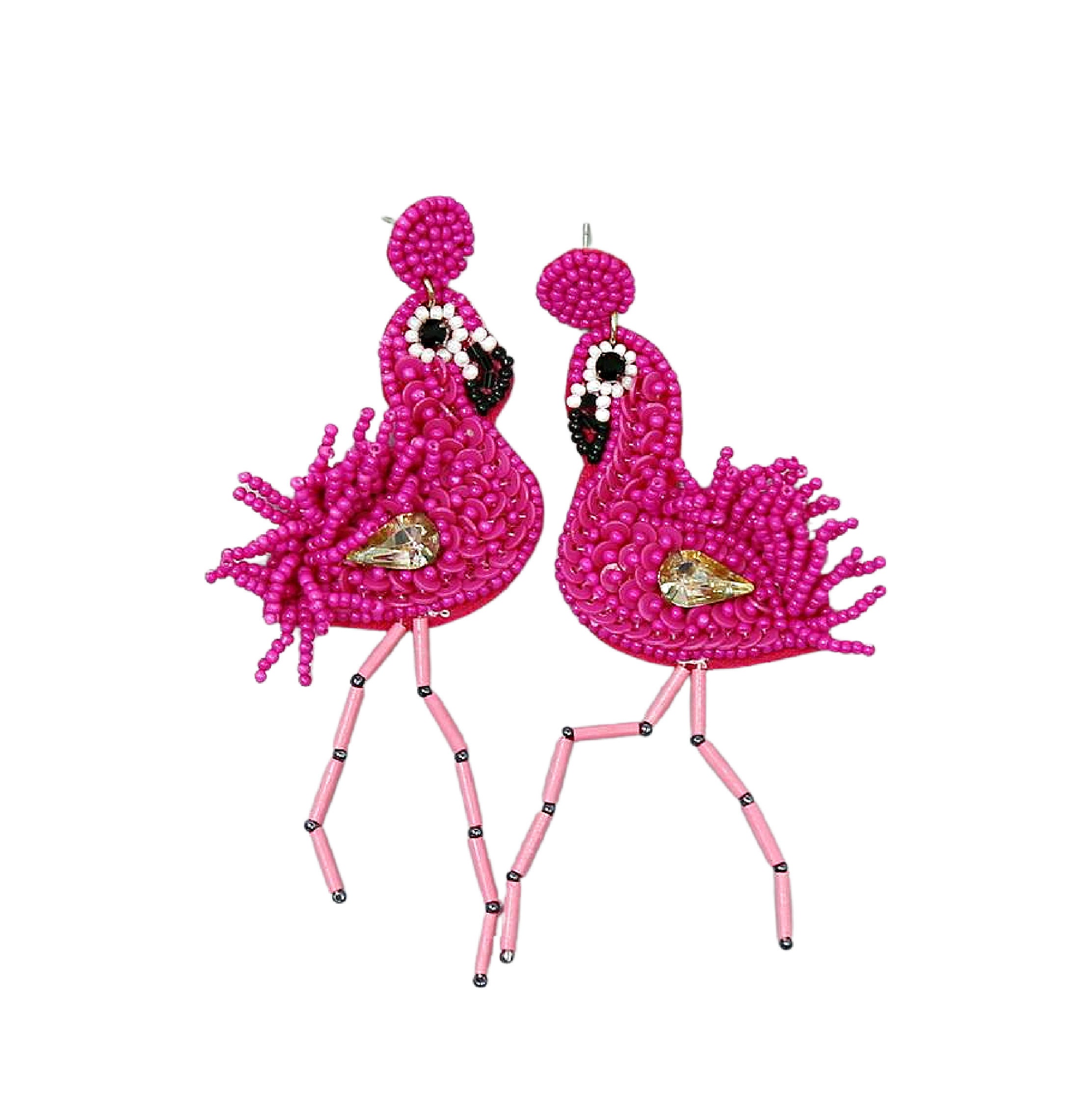 Pink Flamingo Beaded Gem Statement Earrings | Etsy