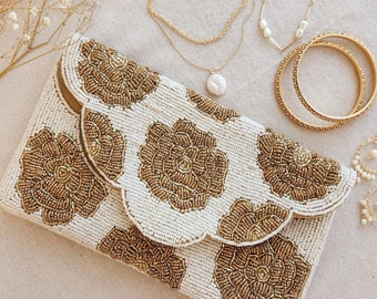 Gold Rose Metallic Seed Beaded Clutch Chain Crossbody Bag Boho Handbag