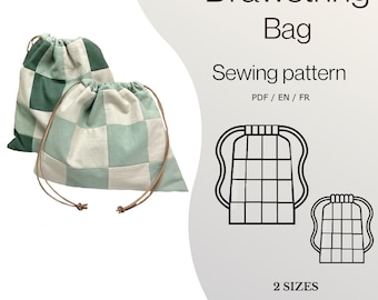 The drawstring bag, 2 Sizes, 6 styles, Sewing Pattern, patchwork, PDF, Level easy, Instructions in English & French with pictures, DIY