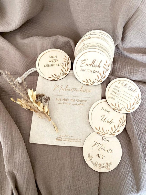16 Baby Meilensteinkarten aus Holz SET 3, 9 cm, Dein Geschenk zur Geburt, personalisierbar, aus eigener Produktion, Baby Monatskarten