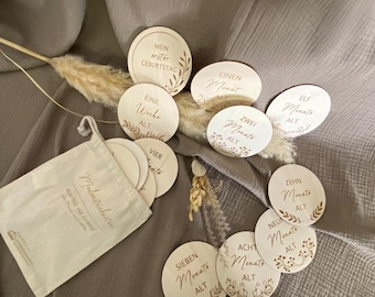 Wooden Baby Milestone Cards - My First Year, 13 Month Cards incl. Storage Bag, Gift for Birth, Personalizable