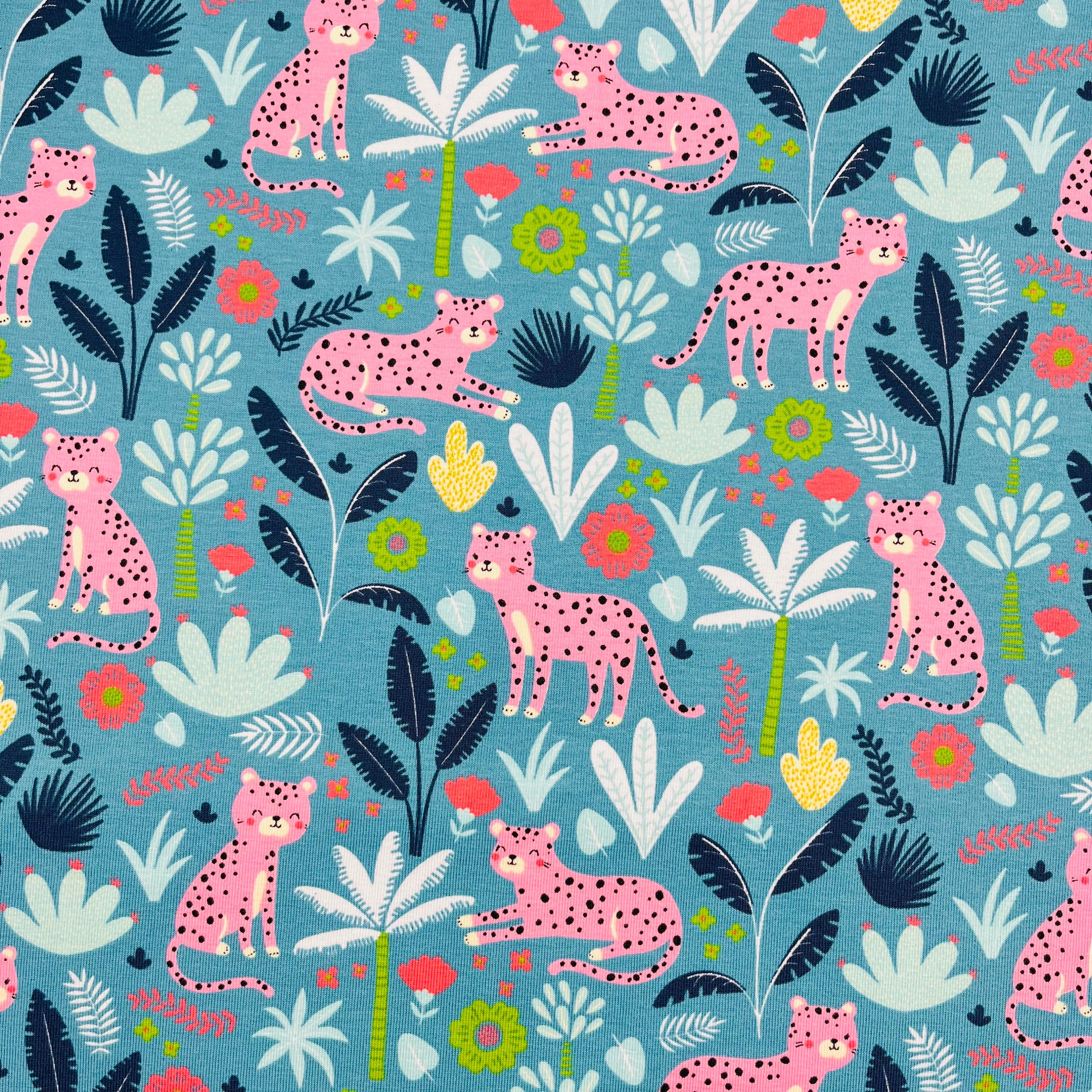 Hellblauer Baumwolljersey mit Dschunglemotiv Kinderstoff