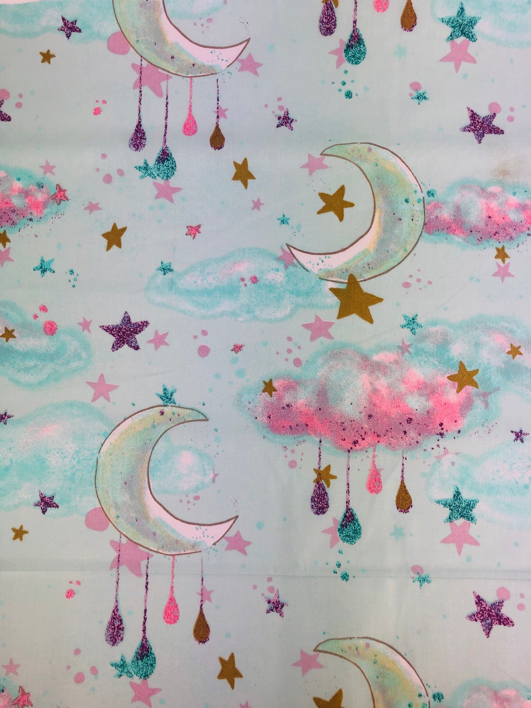 Baumwollstoff 0,5 Meter Mond Wolken Himmel Hellblau lila nähen