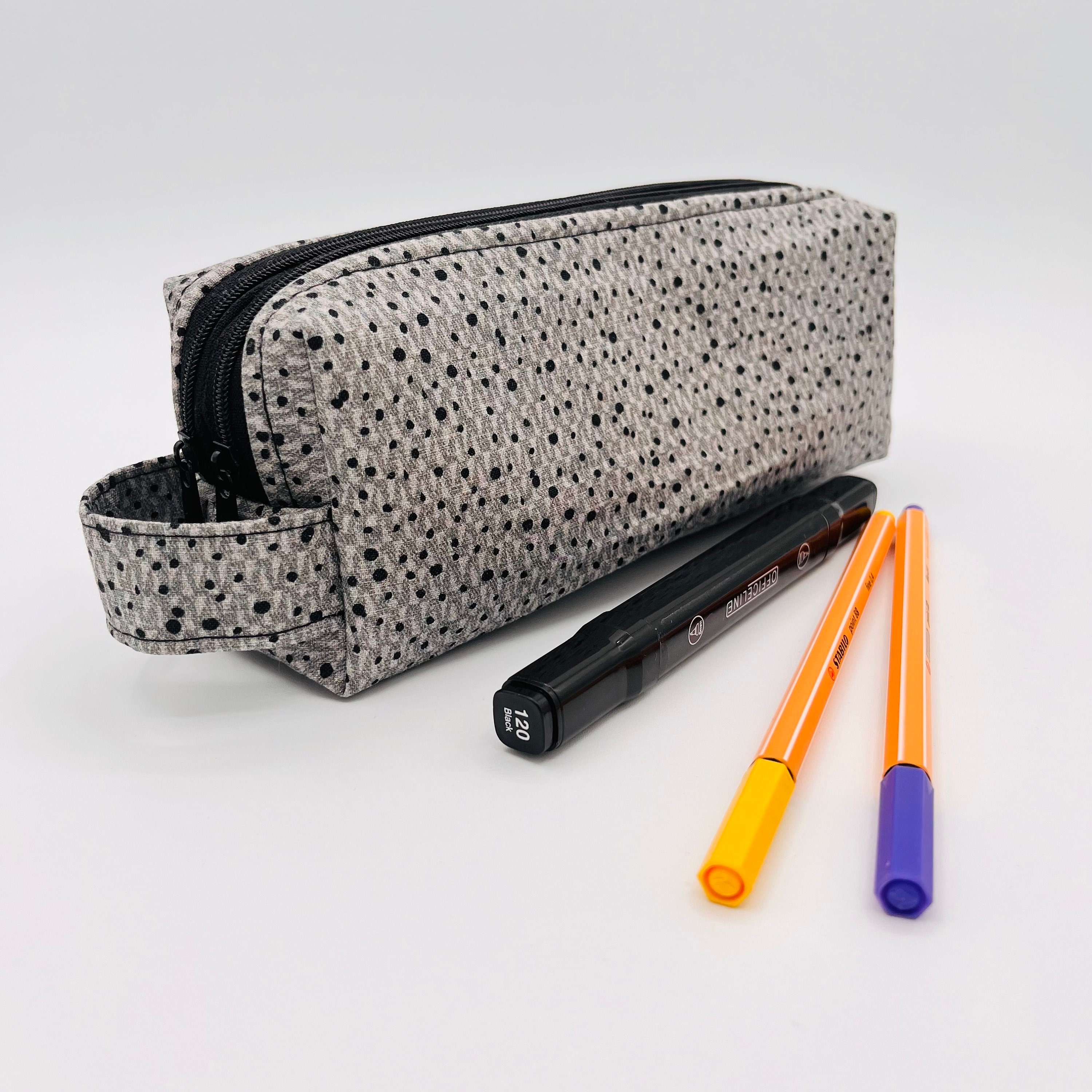 Gray pencil case with two compartments for men boys black dots